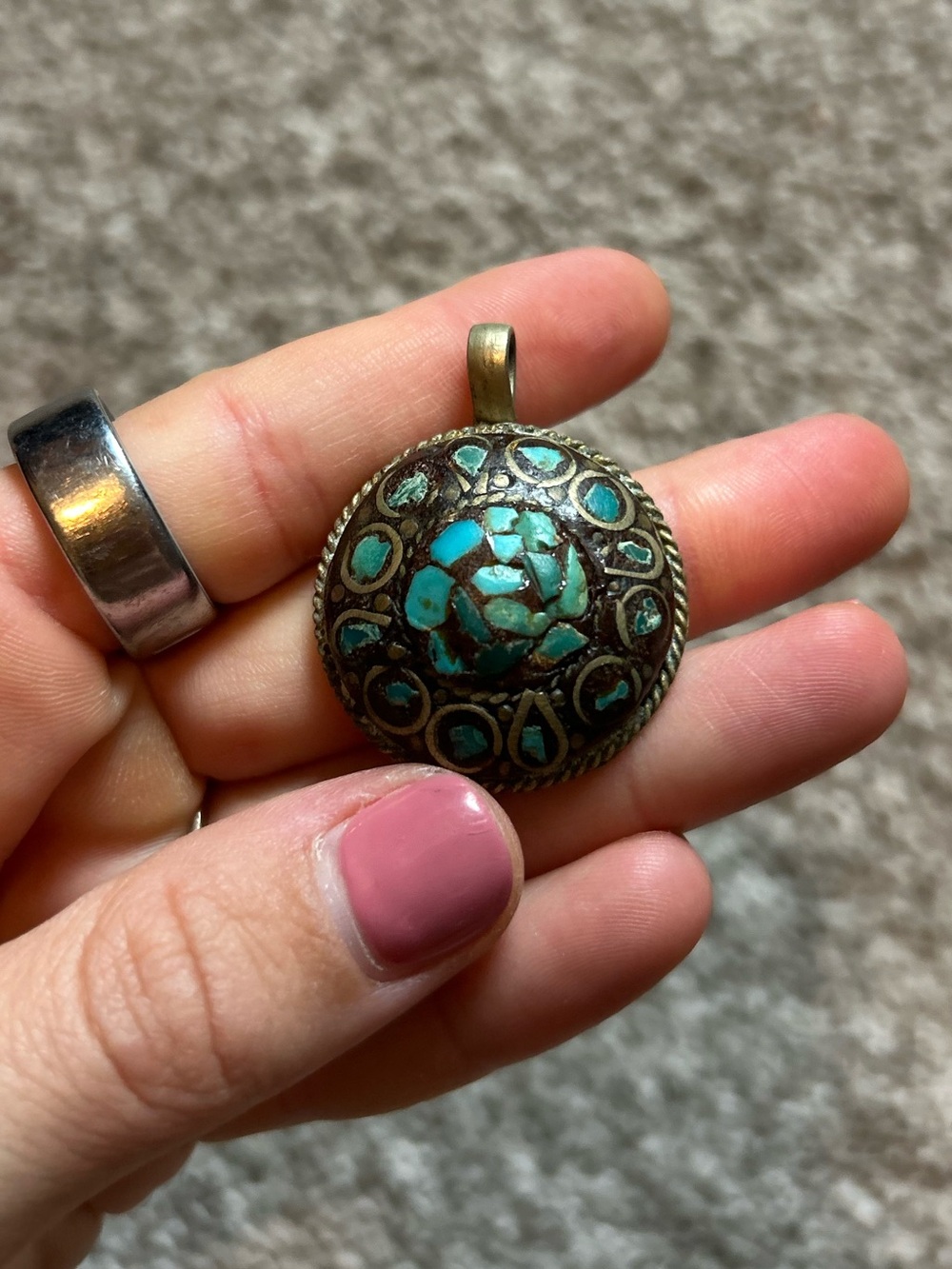 Turquoise Inlay Round Pendant Necklace - Women Jewelry